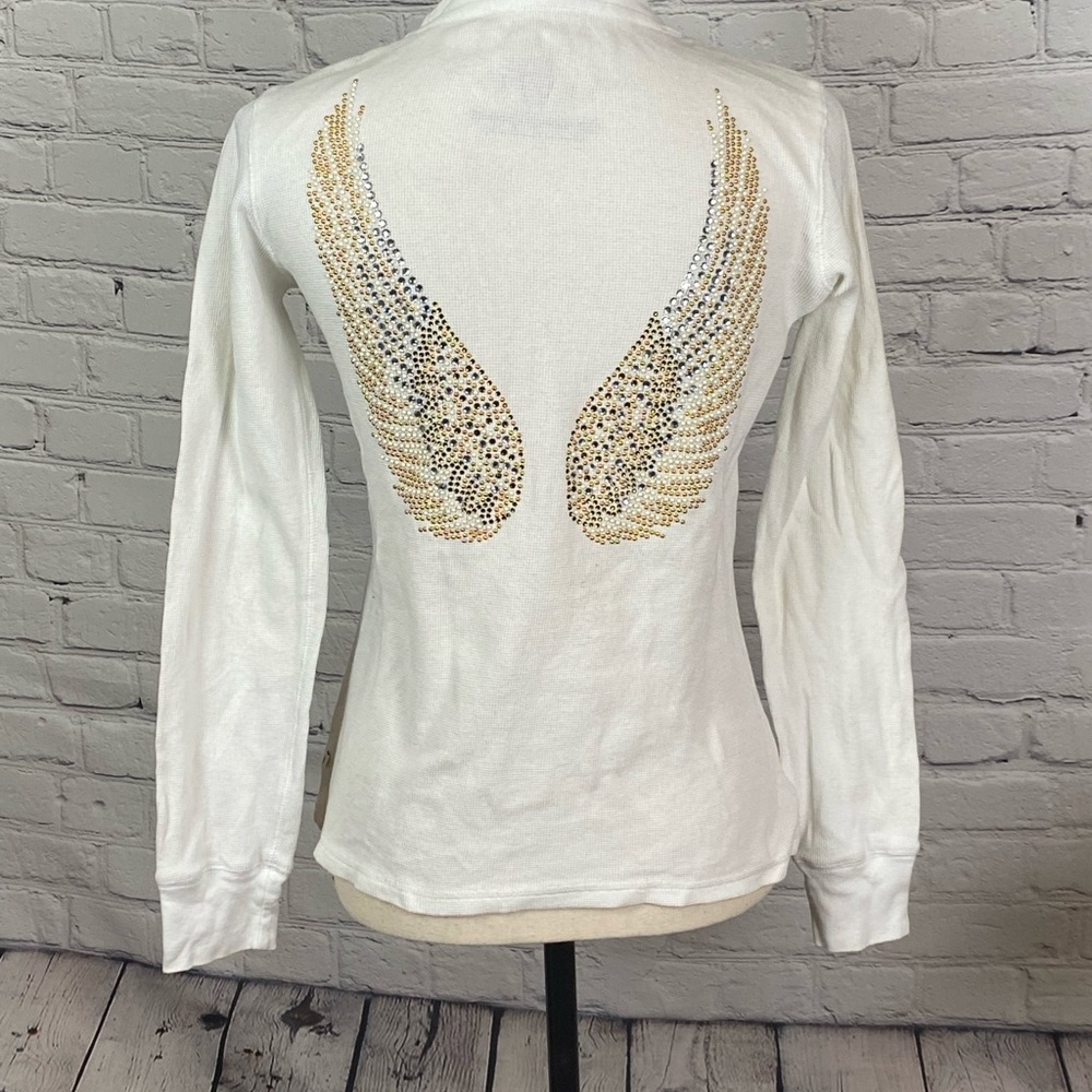 TWISTED HEART White Long Sleeve Top with Gold and Silver Wing Rhinestones
